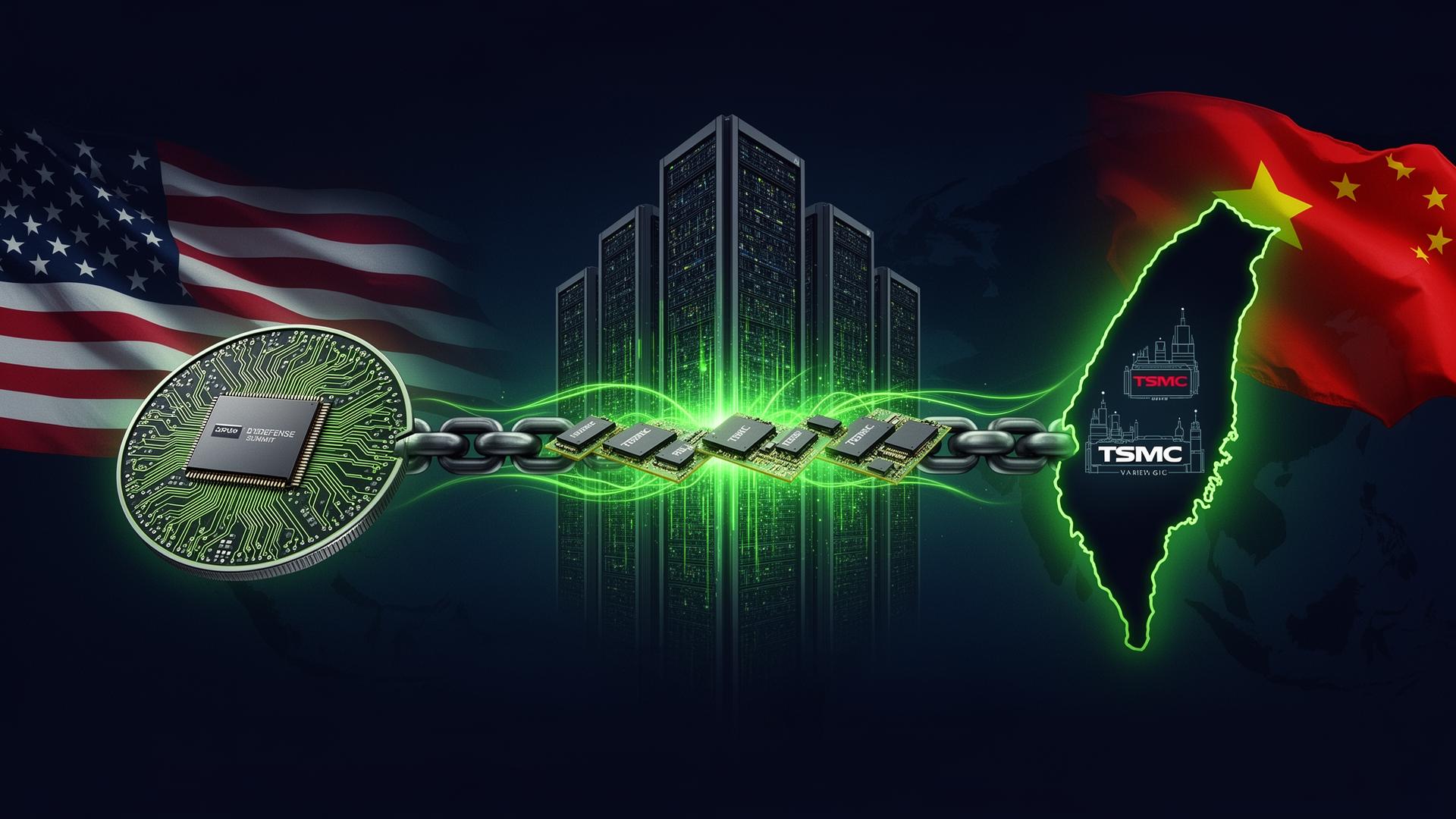 Split illustration showing the United States, China and Taiwan connected by neon green data flow lines, with TSMC fab silhouettes in Taiwan funneling silicon wafers into NVIDIA-style GPUs that feed a chain of data center server racks, depicting the silicon value chain bottleneck behind Western AI infrastructure Split illustration showing the United States, China and Taiwan connected by neon green data flow lines, with TSMC fab silhouettes in Taiwan funneling silicon wafers into NVIDIA-style GPUs that feed a chain of data center server racks, depicting the silicon value chain bottleneck behind Western AI infrastructure